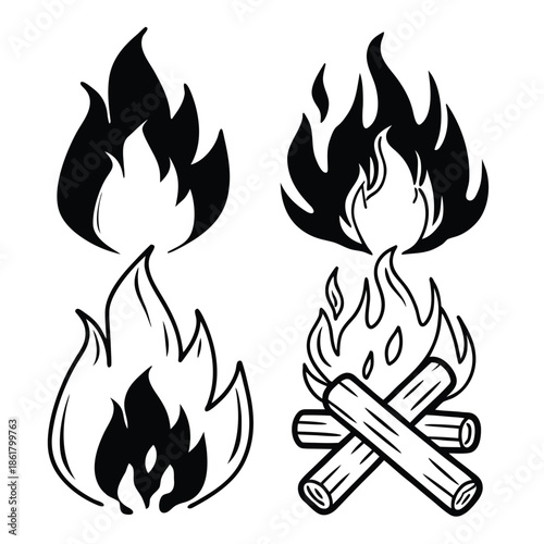 Hand-Drawn Fire and Campfire Log Vector Illustration Set