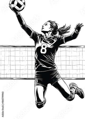 058-15-Female volleyball athlete jumping, hitting ball, showing power and competitive energy