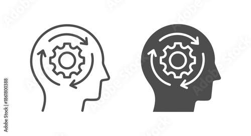 Problem solving icon as thinking process with gears inside human head mind and analysis