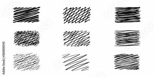 Collection of nine black scribble drawings in varying orientations and densities