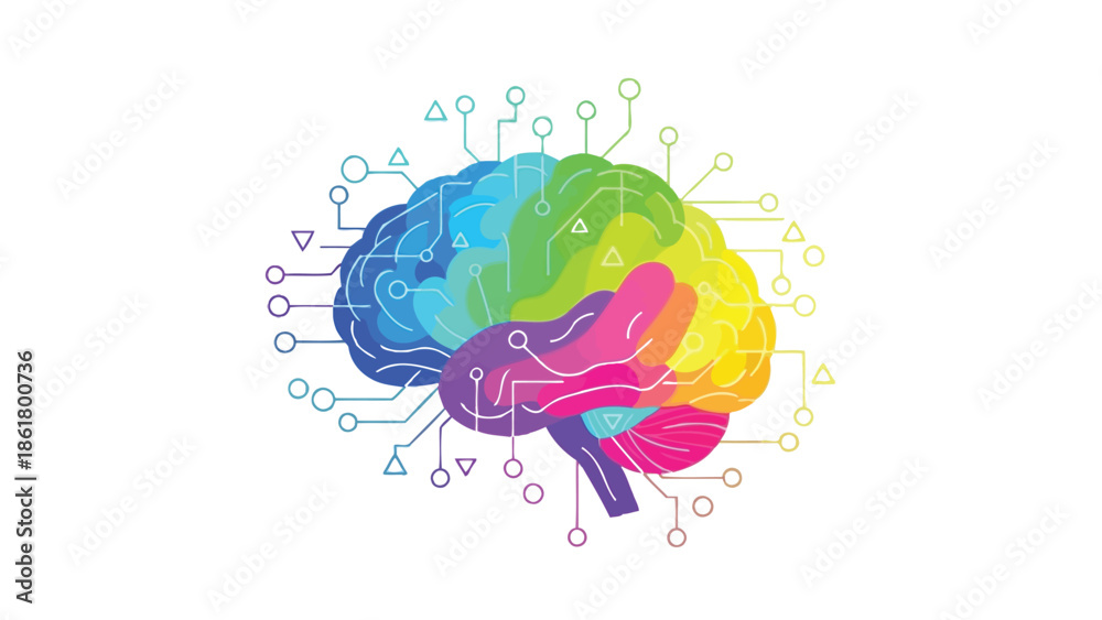 Obraz premium Abstract illustration of a vibrant multicolored human brain concept interconnected with digital circuit lines symbolizing artificial intelligence and advanced neural networking technology