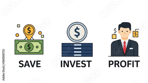Finance concept illustrating the progression from saving money and strategic investment to ultimately achieving personal business profit and wealth accumulation