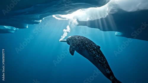 Underwater world of the Arctic with Narwhals exploring icebergs in their natural habitat