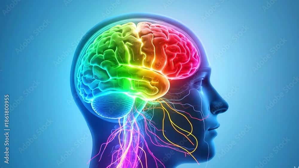 custom made wallpaper toronto digitalA video showcasing a colorful human brain with glowing neural connections inside a human head, set against a blue background.