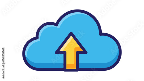 Simple stylized graphic representing a bright blue cloud icon with a prominent yellow upward arrow symbolizing data upload and storage transfer functionality