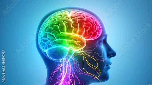 Wallpaper Mural A video showcasing a colorful human brain with glowing neural connections inside a human head, set against a blue background. Torontodigital.ca