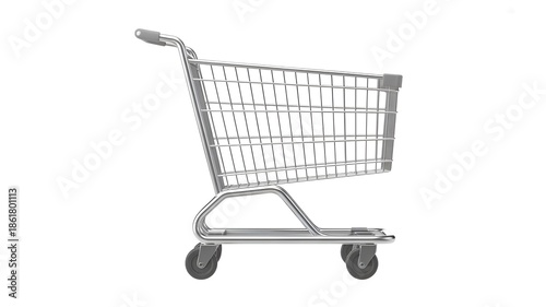 Side Profile of an Empty Metal Shopping Cart on White Background for Retail Sales and E-commerce Design
