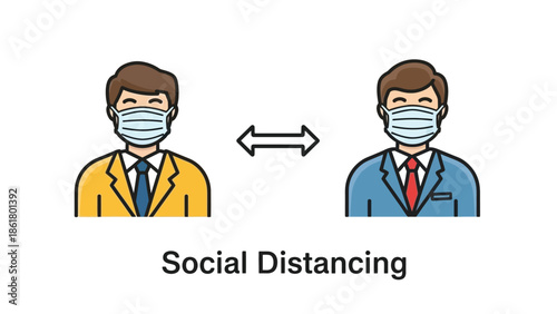 Cartoon illustration depicting two businessmen wearing protective face masks maintaining appropriate social distancing as a mandatory health guideline