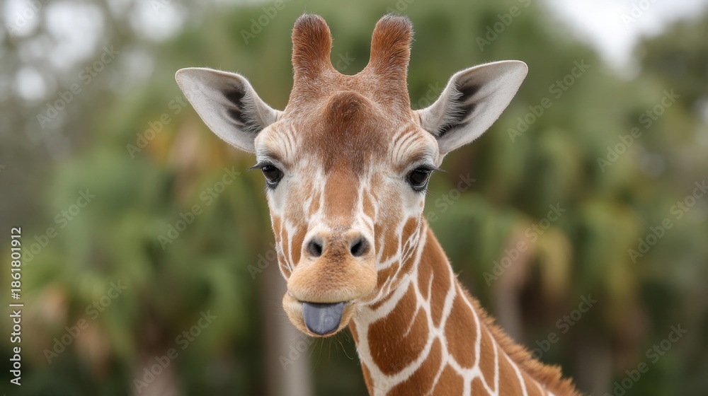 Fototapeta premium Playful Giraffe Sticking Out Tongue in a Natural Habitat, Captivating Close-Up of a Curious Animal Inviting Tourists to Smile and Enjoy Nature's Beauty