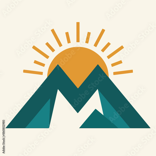 Minimalist mountain sunrise logo with abstract teal and green peaks forming M-shape beneath radiating orange sun for outdoor adventure tourism, wellness retreats, and eco-travel brands.