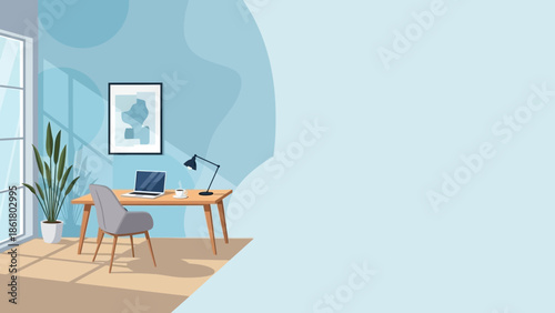 Modern home office with laptop and plant