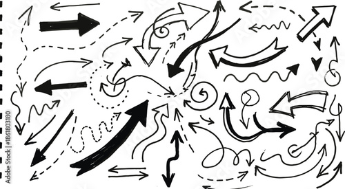 Hand-drawn arrows, sketchy arrow set, abstract direction symbols, dynamic pointer icons, infographic elements, chaotic flow, graphic design, black lines
