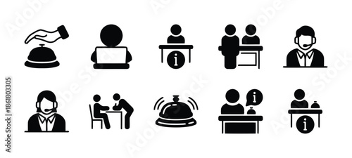 Reception services vector icons set contact us assistance information operator service desk hotel travel bell counter isolated