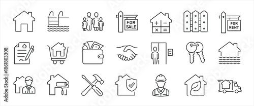 Real estate line icons set home property sale rent family house contract pool wallet handshake keys truck repair worker leaf environment construction service apartment