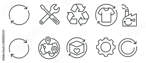 Recycling and Sustainability Icon Set with Circular Arrows Tools Clothes Factory Map Box Gear Refresh Symbols on Isolated White Background Vector