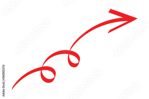 Red twisted arrow concept shows direction for future goals and success pointing to right isolated on white background with curvy lines and swirling turns in movement