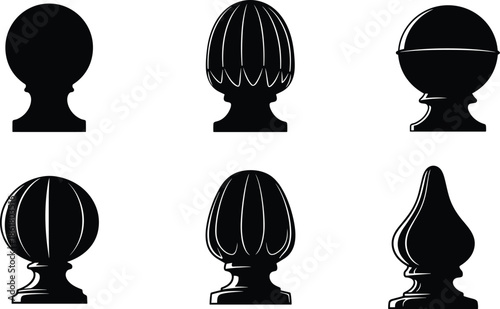 Finial silhouette set, decorative top designs, furniture ornament, lamp finials, architectural detail, black vector, interior style, classic decor