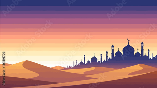 Islamic Background Illustrates Desert Mosque Landscape With Text Space