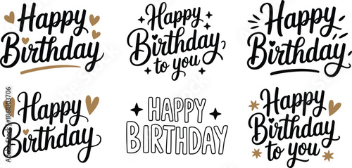 Happy Birthday hand drawn lettering set with decorative hearts and stars isolated on white background for greeting cards and celebrations (20 words)