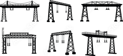 Gantry crane silhouette, industrial structure, lifting equipment, heavy load system, engineering design, vector illustration, construction machinery, black shape, factory tool, mechanical frame