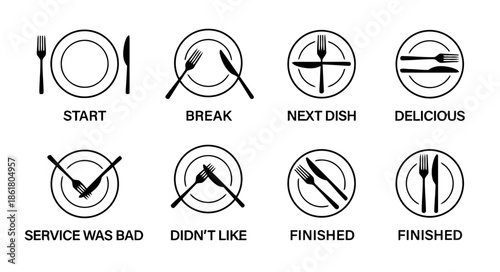 Restaurant Table Setting Icons Representing Etiquette for Diners Displaying the Correct Way to Indicate the Start Break Next Dish and Completion of a Meal