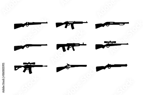 Rifle Vector Icons set such as Shotgun, Carbine, Sniper, Firearm and Gun