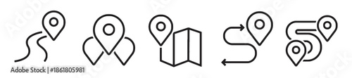 Route and Location Icons Set Vector Featuring Road Map and Point of Interest Markers in Linear Style on White Background Exactly Two Hundred Characters