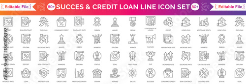 Loan set of Success icons in line style. Loan and credit linear icon collection. Containing loan, money, credit rating, business, leasing, interest, calculator, income, banking and more. 