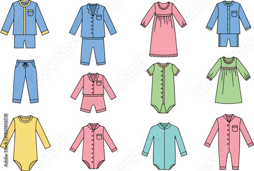 A collection of 12 flat lay illustrations of different types of sleepwear and baby clothing