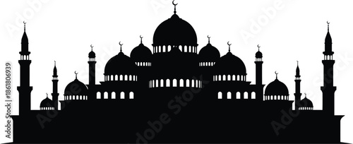 Mosque silhouette with domes and minarets against a white background