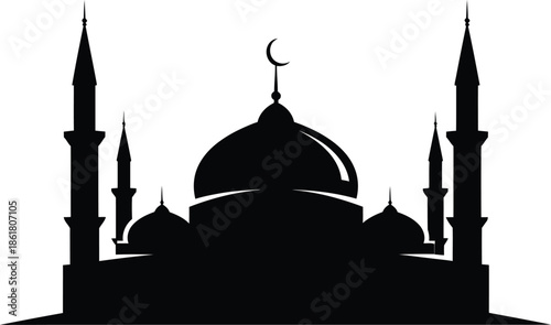 Silhouette of a mosque with minarets and crescent moon
