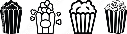 icon, popcorn, illustration, vector, cinema, theatre, isolated, set, symbol, film, graphic, bucket, food, signs, white, snack, motion picture, corn, element, entertainment, design, pictogram, black, o