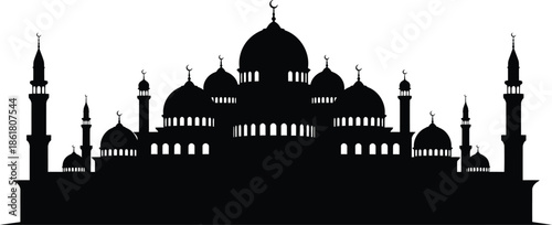 Mosque silhouette with domes and minarets against a white background