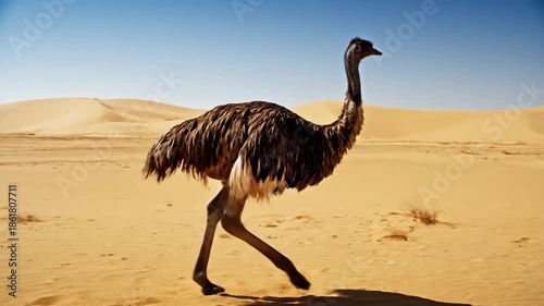 Ostrich walking in the desert on a sunny day.