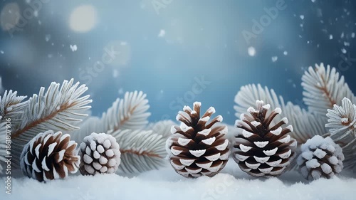 Winter Wonderland Scene With Frosted Pine Cones And Evergreen Branches In Soft Falling Snow