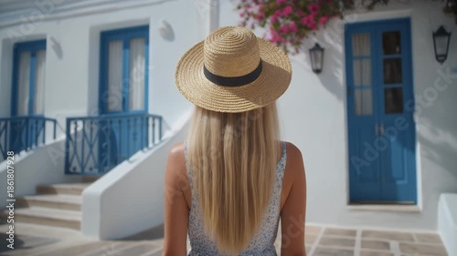 Woman in Straw Hat Walking Past White Building Blue Doors and Stairs Sunny Day