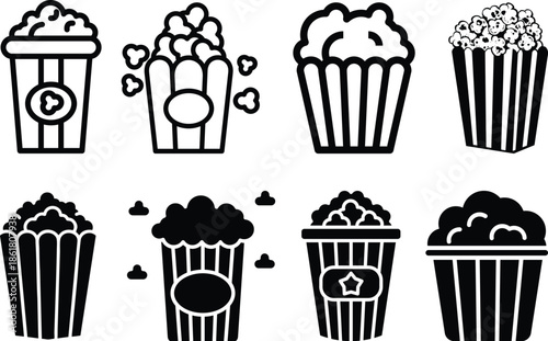 icon, popcorn, illustration, vector, cinema, theatre, isolated, set, symbol, film, graphic, bucket, food, signs, white, snack, motion picture, corn, element, entertainment, design, pictogram, black, o