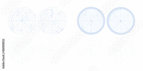 Abstract arrangement of circular radar or target like diagrams in pale blue tones