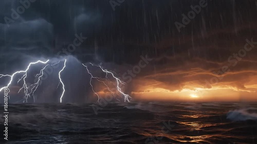 Dramatic Ocean Storm with Lightning and Heavy Rain at Sunset.