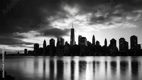 Dramatic Black and White Skyline Reflection of New York City at Dusk.