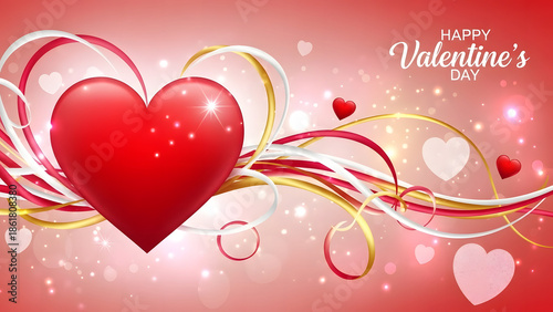 金色のリボンと輝く大きな赤いハートのハッピーバレンタインデー