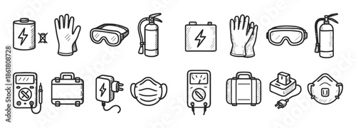 Safety Gear Icon Set Battery Gloves Goggles Fire Extinguisher Voltmeter Tool Box Electric Plug Protective Equipment Pictogram Vector