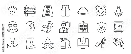 Safety line icons set home barrier wet floor vest helmet lifebuoy cone gas mask face wash hands security hospital shield safe briefcase boots accident syringe