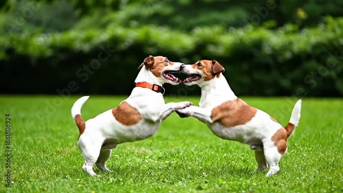 Two Playful Jack Russell Terriers Engaging in a Friendly Game in a Lush Green Park.