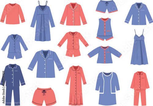 A seamless pattern of various pajama sets and nightwear in blue and coral hues