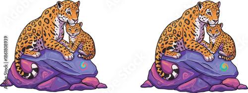 Cartoon leopard with cub sitting on colorful rock, playful jungle cats illustration, whimsical wildlife artwork, imaginative children’s design, fantasy animal drawing