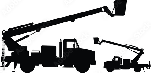Aerial work platform truck silhouette, bucket lift vehicle icons, hydraulic boom equipment, construction maintenance machinery, black vector illustration