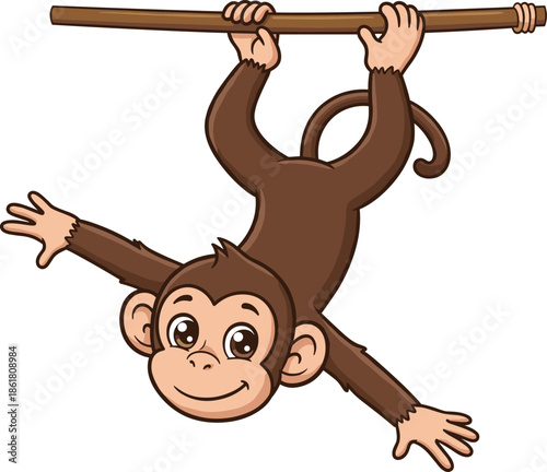 Cartoon monkey hanging upside down from branch, smiling face, playful pose, flat vector, isolated, cad drawing