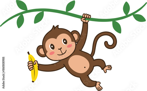 Cartoon monkey hanging from vine, holding banana, smiling face, rosy cheeks, flat vector, isolated, cad drawing
