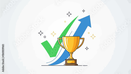 Trophy and upward trending arrow symbolizing achievement and success with sparkling checkmark